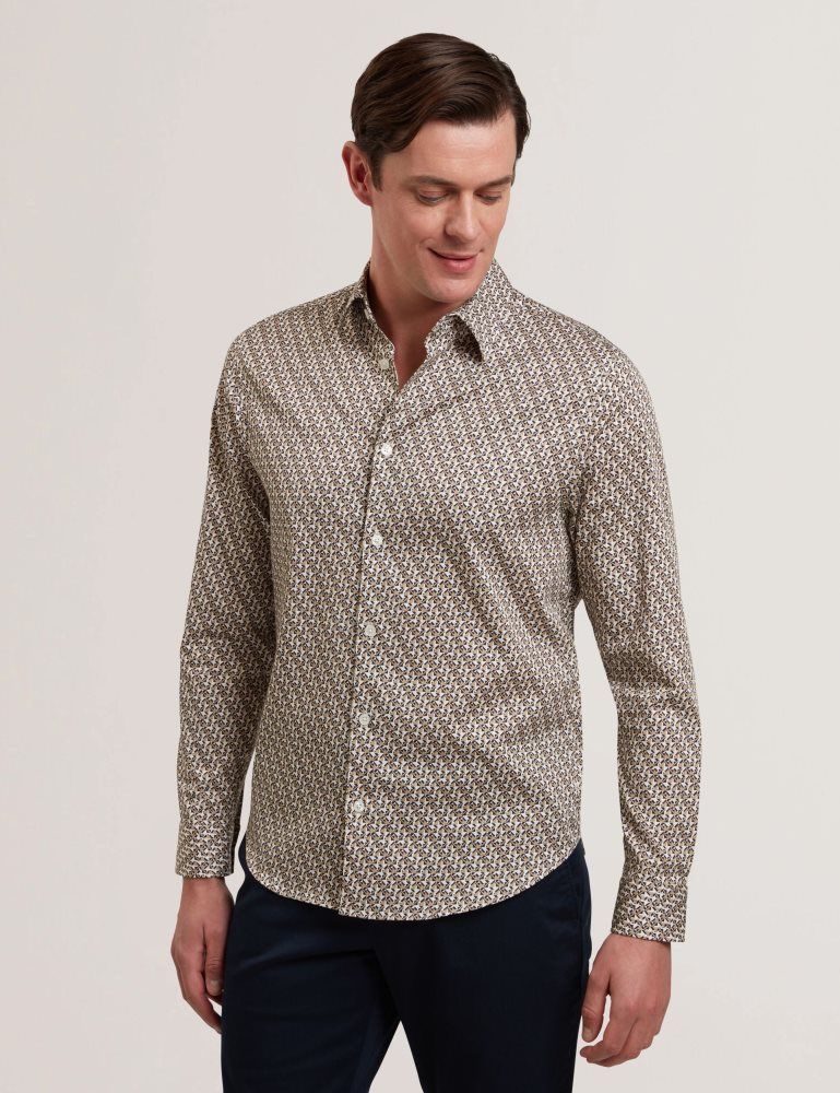 Camasa Barbati Ted Baker Alphais - Regular Fit Geometric Pure Cotton Shirt Bej | 516704-UHE