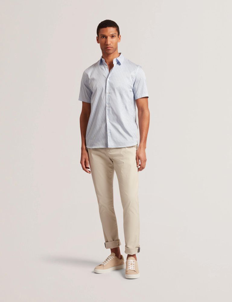 Camasa Barbati Ted Baker Alphso - Geometric Print Pure Cotton Short Sleeve Shirt Albastri | 125986-ZVH