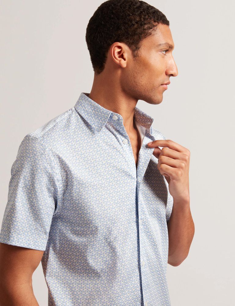Camasa Barbati Ted Baker Alphso - Geometric Print Pure Cotton Short Sleeve Shirt Albastri | 125986-ZVH