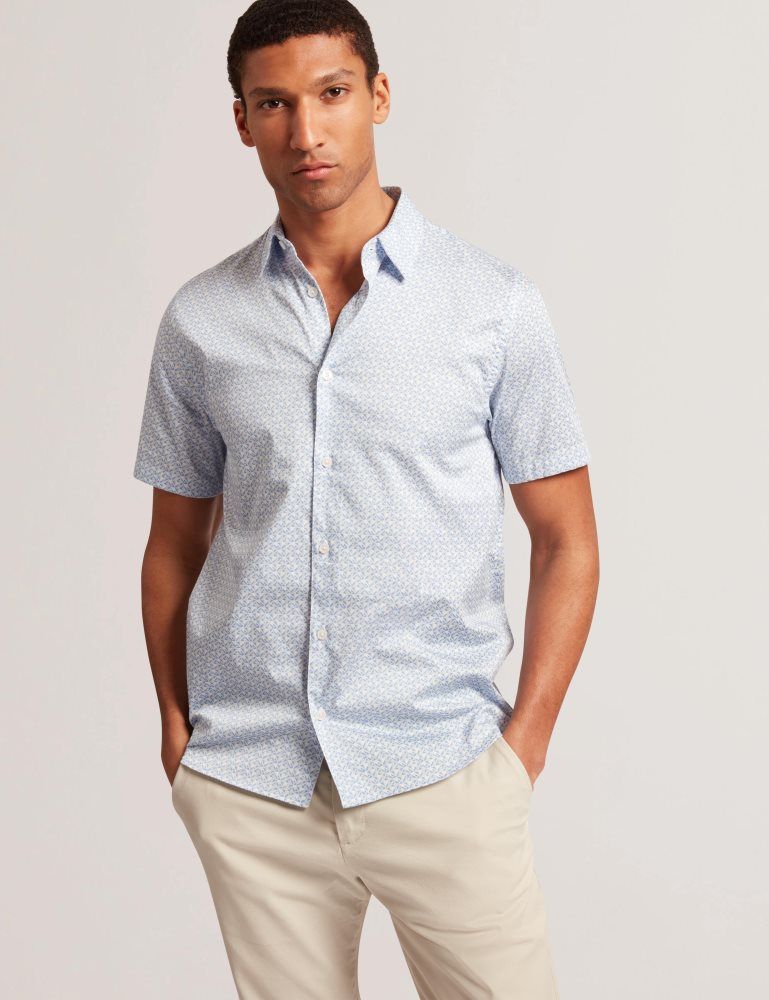 Camasa Barbati Ted Baker Alphso - Geometric Print Pure Cotton Short Sleeve Shirt Albastri | 125986-ZVH