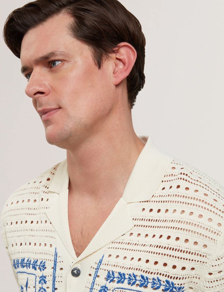 Camasa Barbati Ted Baker Barri - Short Sleeve Crochet Embroidered Shirt Ecru | 726410-AEU