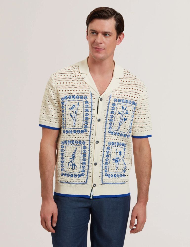 Camasa Barbati Ted Baker Barri - Short Sleeve Crochet Embroidered Shirt Ecru | 726410-AEU