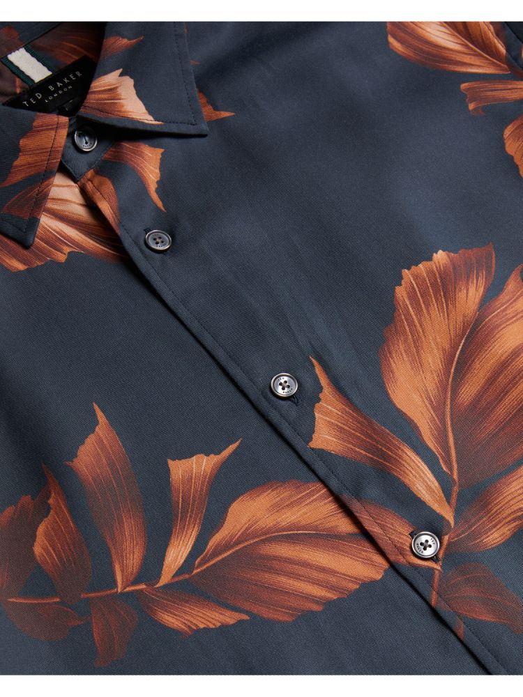 Camasa Barbati Ted Baker Coltons - Leaf Print Long Sleeve Lyocell Shirt Bleumarin | 261874-MOB
