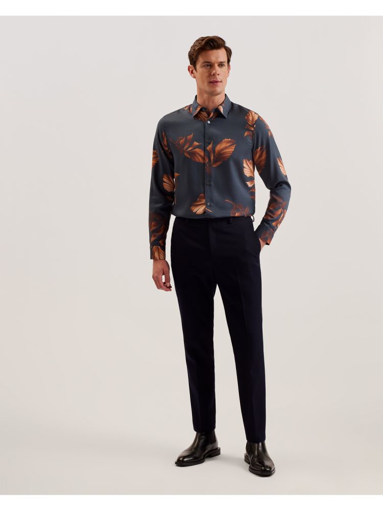 Camasa Barbati Ted Baker Coltons - Leaf Print Long Sleeve Lyocell Shirt Bleumarin | 261874-MOB