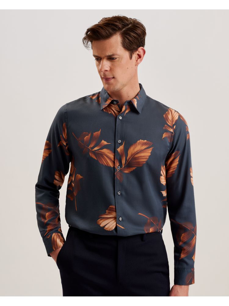 Camasa Barbati Ted Baker Coltons - Leaf Print Long Sleeve Lyocell Shirt Bleumarin | 261874-MOB