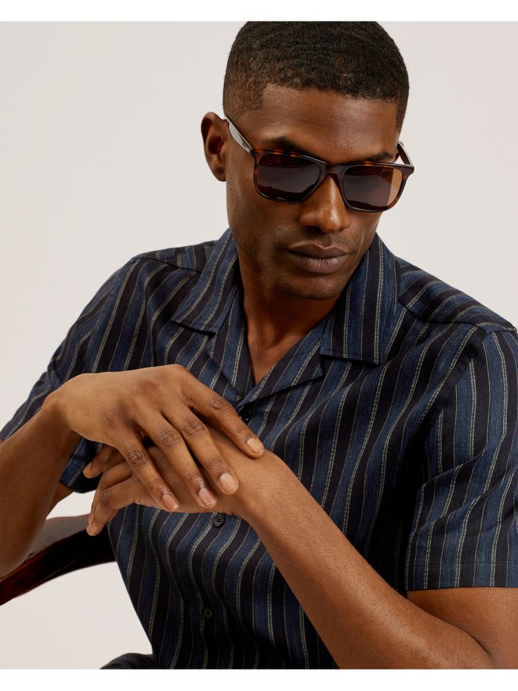 Camasa Barbati Ted Baker Francoi - Striped Cotton Linen Short Sleeve Shirt Bleumarin | 239760-IKM
