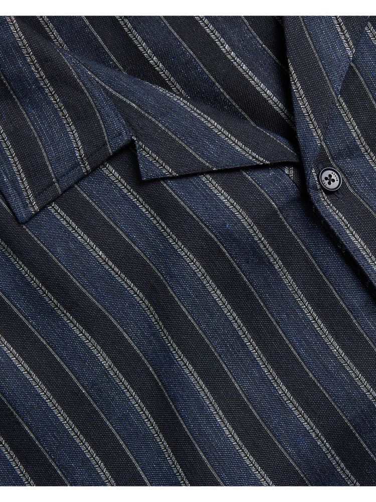 Camasa Barbati Ted Baker Francoi - Striped Cotton Linen Short Sleeve Shirt Bleumarin | 239760-IKM
