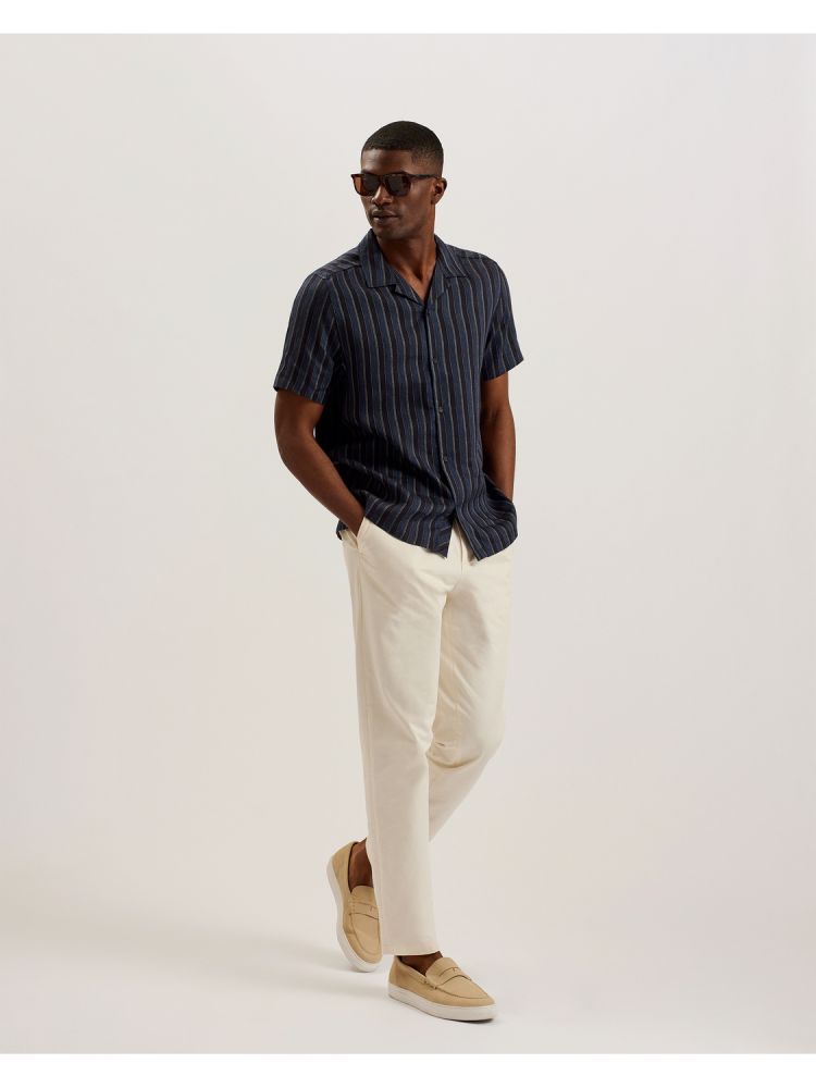 Camasa Barbati Ted Baker Francoi - Striped Cotton Linen Short Sleeve Shirt Bleumarin | 239760-IKM