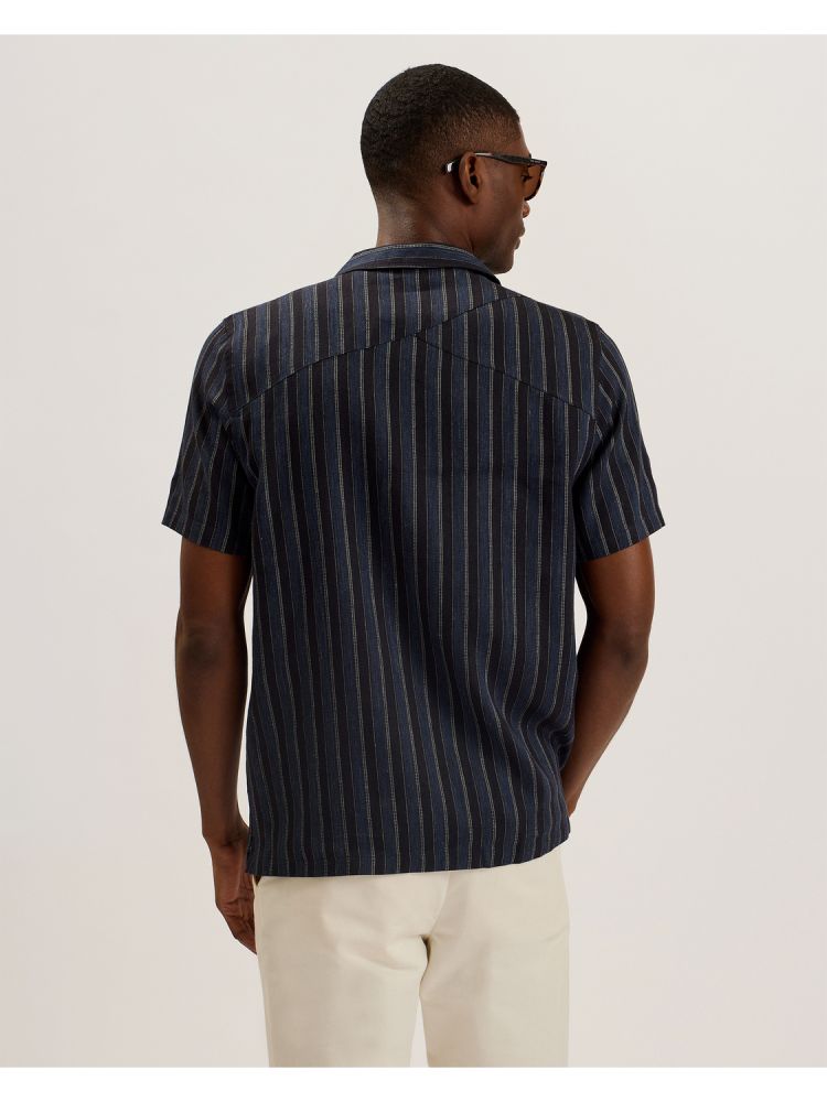 Camasa Barbati Ted Baker Francoi - Striped Cotton Linen Short Sleeve Shirt Bleumarin | 239760-IKM