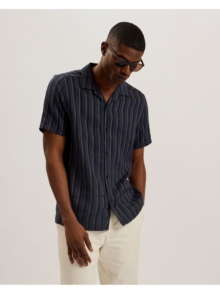 Camasa Barbati Ted Baker Francoi - Striped Cotton Linen Short Sleeve Shirt Bleumarin | 239760-IKM