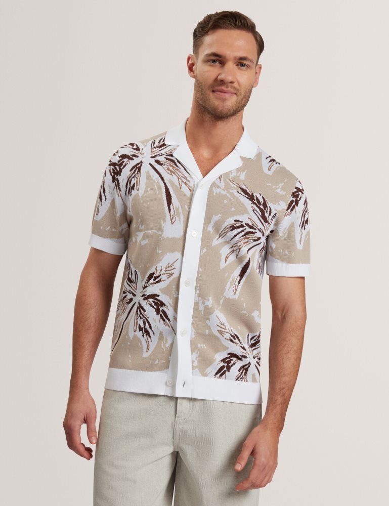 Camasa Barbati Ted Baker Kyes - Leaf Print Knitted Short Sleeve Shirt Gri Maro | 693475-ERU