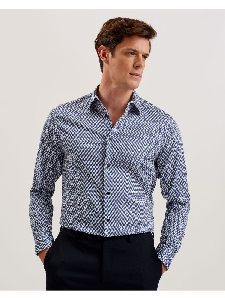 Camasa Barbati Ted Baker Laceby - Geometric Print Long Sleeve Slim Shirt Bleumarin | 082391-YXZ