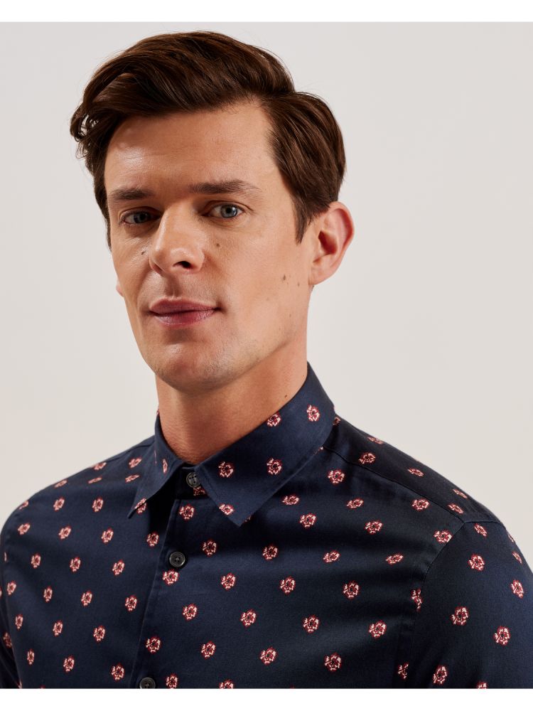 Camasa Barbati Ted Baker Mikceal - Floral Pattern Slim Fit Long Sleeve Shirt Bleumarin | 186032-XAG