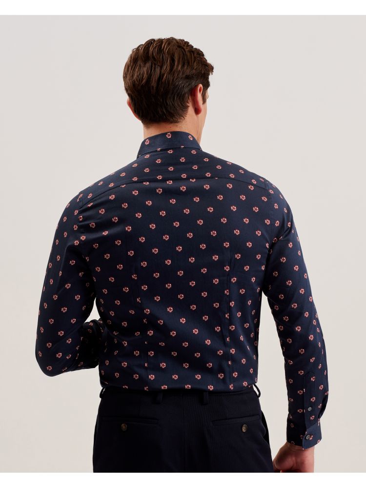 Camasa Barbati Ted Baker Mikceal - Floral Pattern Slim Fit Long Sleeve Shirt Bleumarin | 186032-XAG