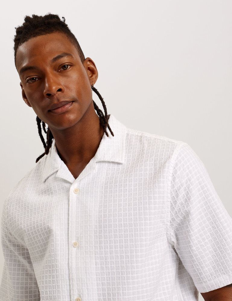 Camasa Barbati Ted Baker Oise - Textured Grid Cotton Short Sleeve Shirt Albi | 471289-AQS