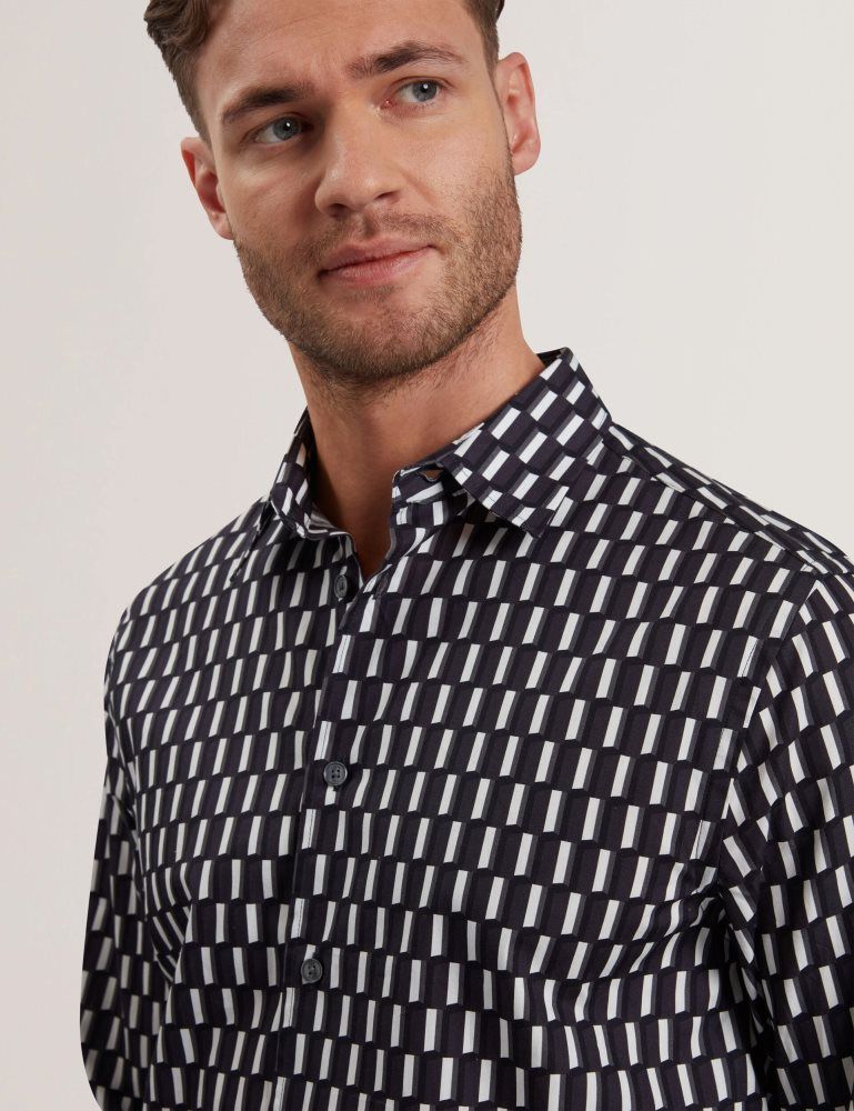 Camasa Barbati Ted Baker Pearso - Geometric Stripe Long Sleeve Cotton Shirt Negrii | 250976-YGQ