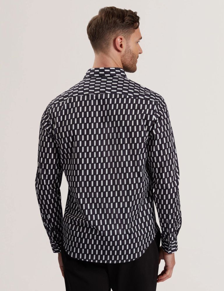 Camasa Barbati Ted Baker Pearso - Geometric Stripe Long Sleeve Cotton Shirt Negrii | 250976-YGQ