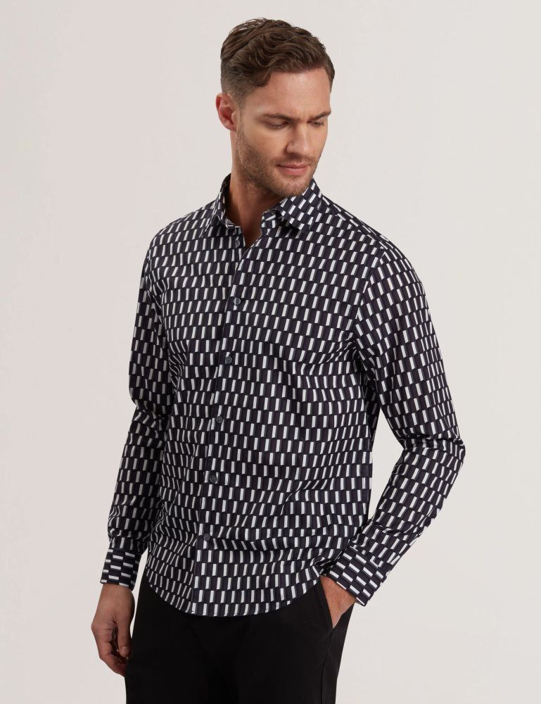 Camasa Barbati Ted Baker Pearso - Geometric Stripe Long Sleeve Cotton Shirt Negrii | 250976-YGQ