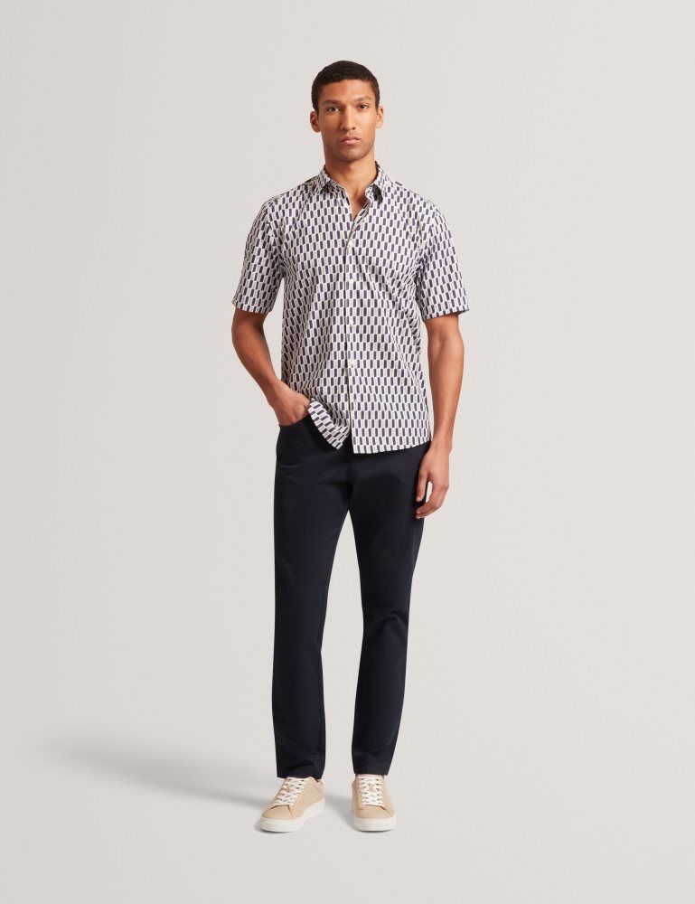 Camasa Barbati Ted Baker Pearsos - Geo Print Short Sleeve Cotton Shirt Bleumarin | 673298-VGW