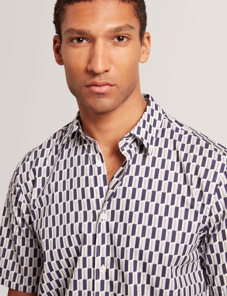 Camasa Barbati Ted Baker Pearsos - Geo Print Short Sleeve Cotton Shirt Bleumarin | 673298-VGW