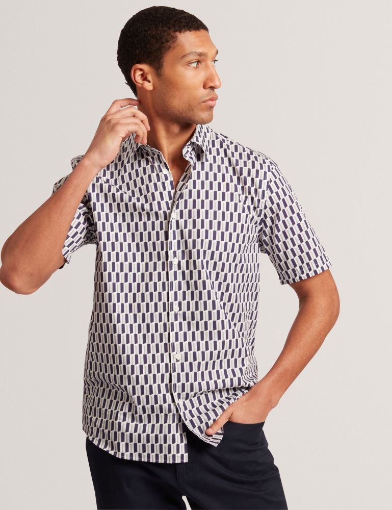 Camasa Barbati Ted Baker Pearsos - Geo Print Short Sleeve Cotton Shirt Bleumarin | 673298-VGW