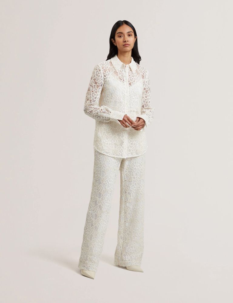 Costume Dama Ted Baker Blond - Floral Lace Longline Cotton Shirt Albi | 954783-SJG