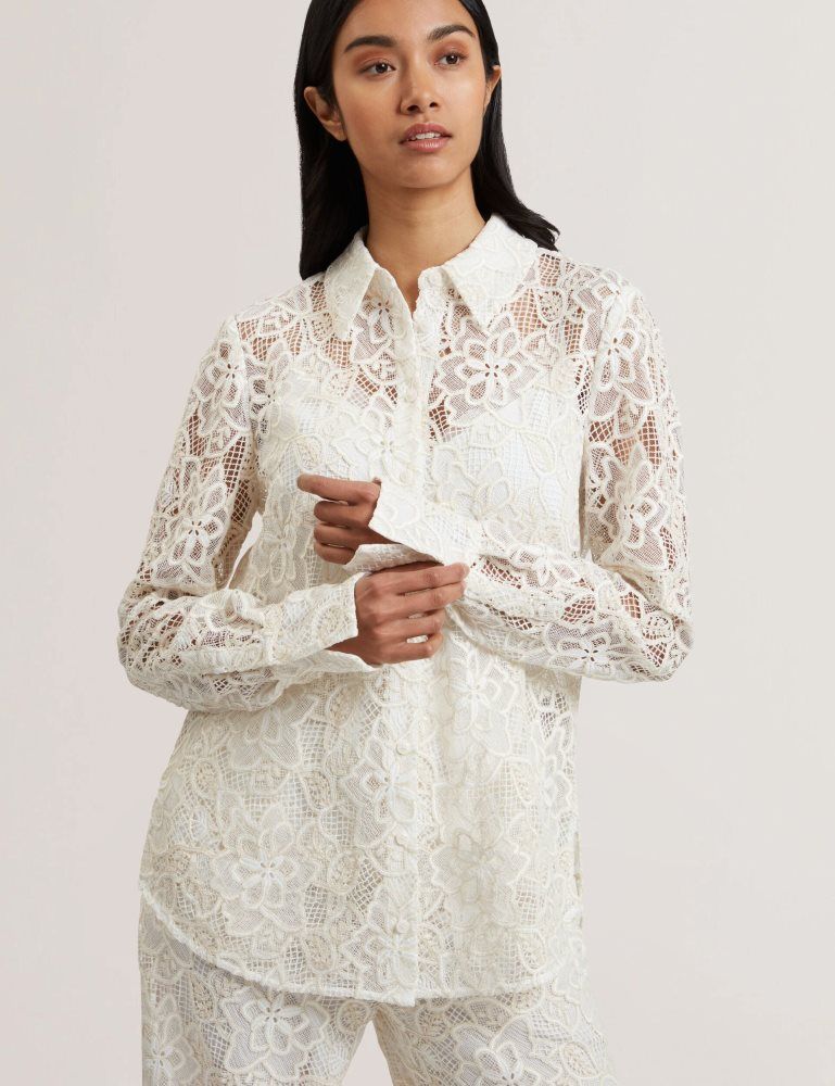 Costume Dama Ted Baker Blond - Floral Lace Longline Cotton Shirt Albi | 954783-SJG