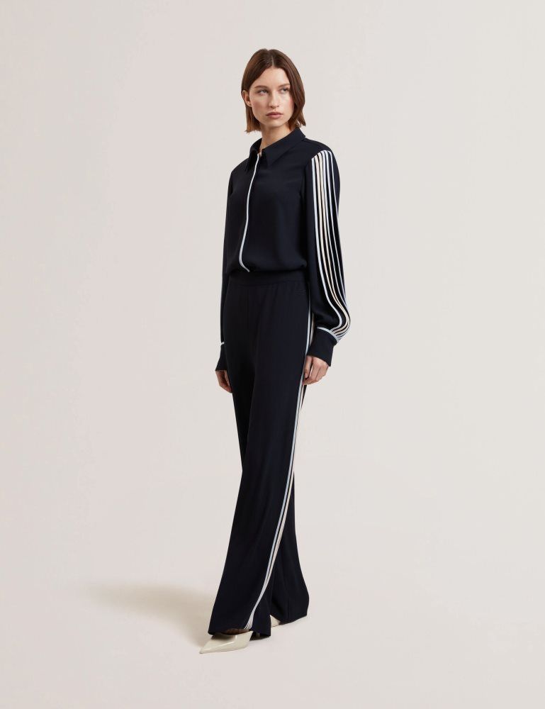 Costume Dama Ted Baker Gorjja - Piping Detail Wide Leg Crepe Trousers Bleumarin | 628745-RBA