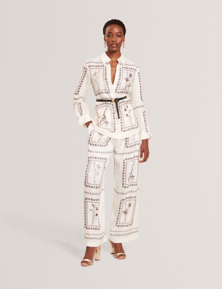 Costume Dama Ted Baker Simcoa - Panel Print Silk Linen Longline Shirt Albi | 953182-SUH
