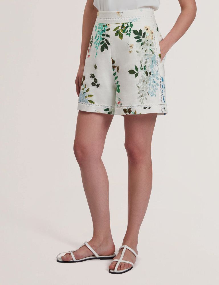 Costume Dama Ted Baker Vylla - Floral High Waist Linen Shorts With Trim Detail Albi | 519427-ZBF