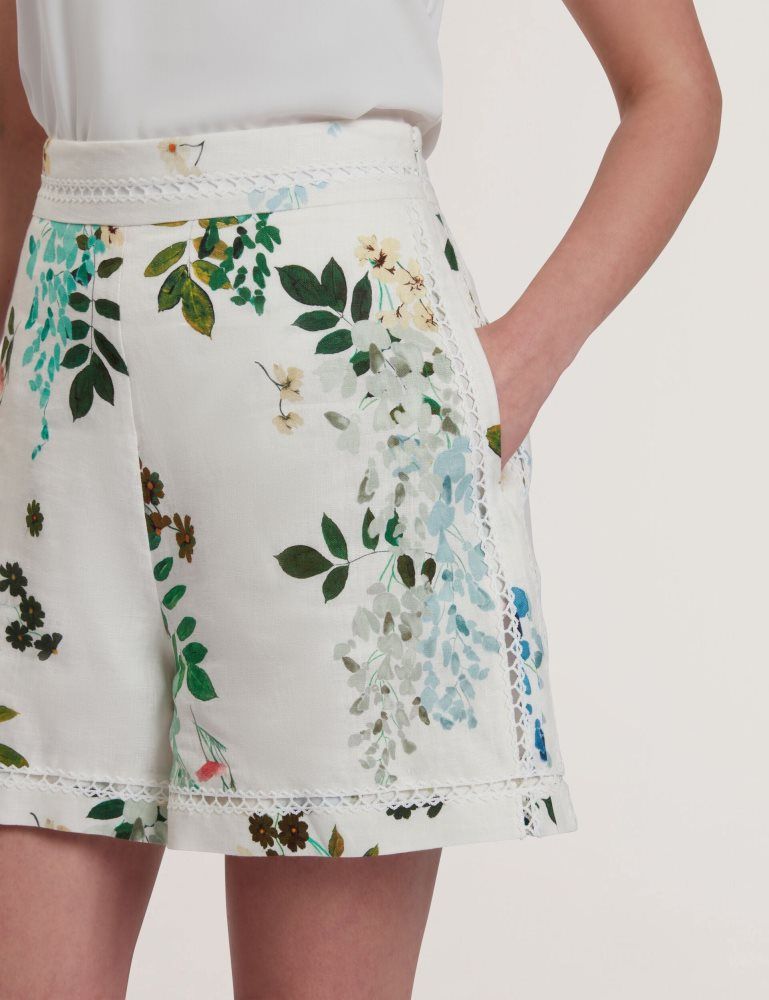 Costume Dama Ted Baker Vylla - Floral High Waist Linen Shorts With Trim Detail Albi | 519427-ZBF