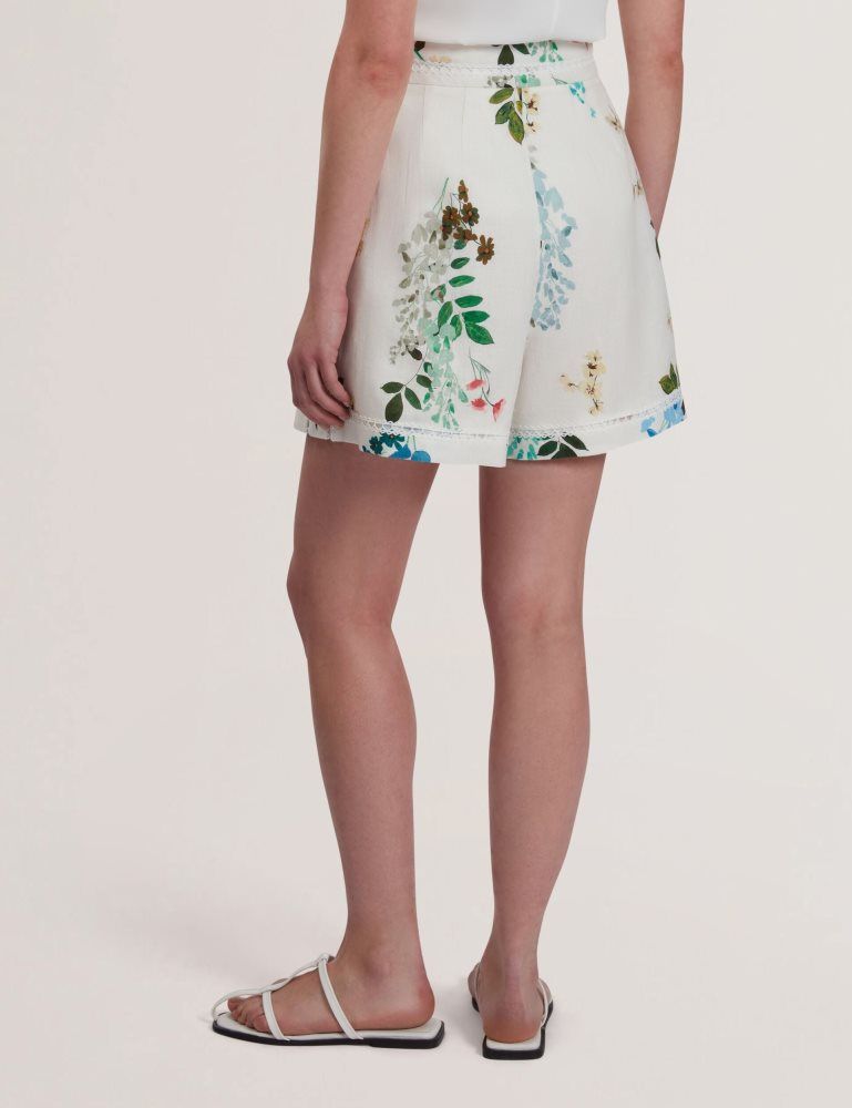 Costume Dama Ted Baker Vylla - Floral High Waist Linen Shorts With Trim Detail Albi | 519427-ZBF