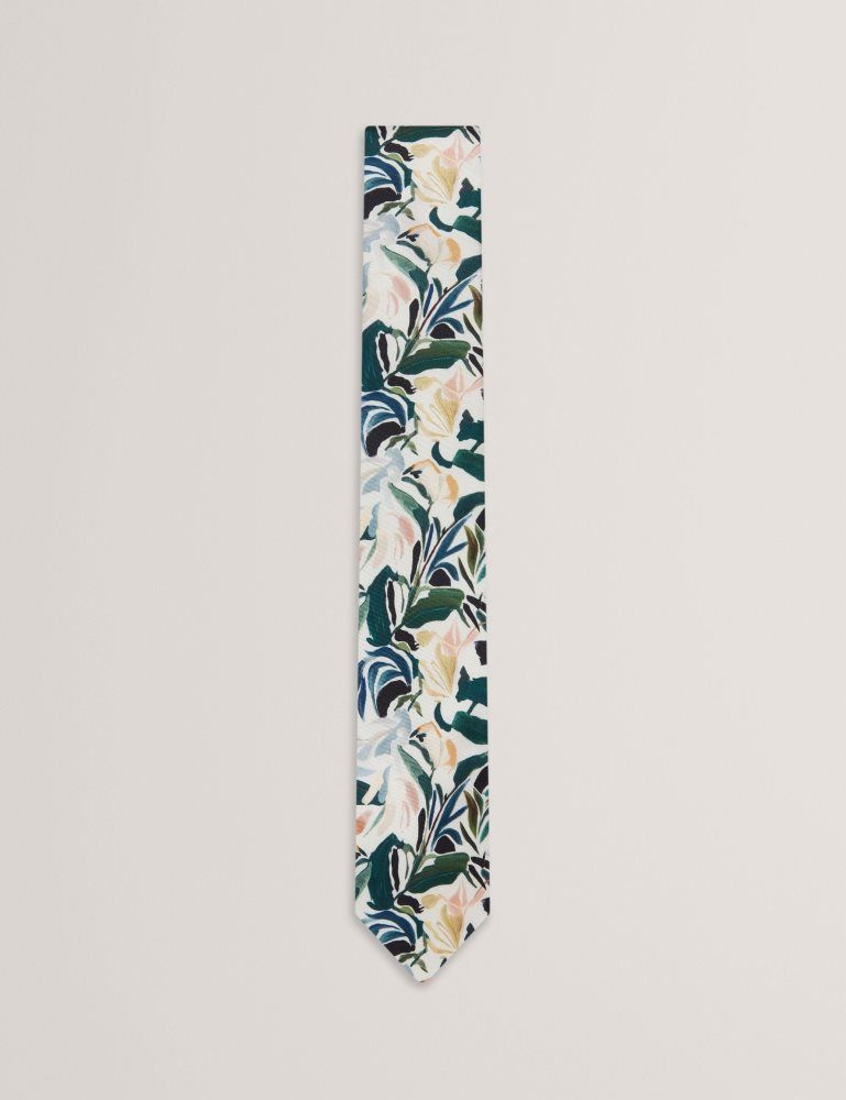 Cravată Barbati Ted Baker Boytonn - Painted Floral Print Silk Tie Ecru | 065437-ZQX