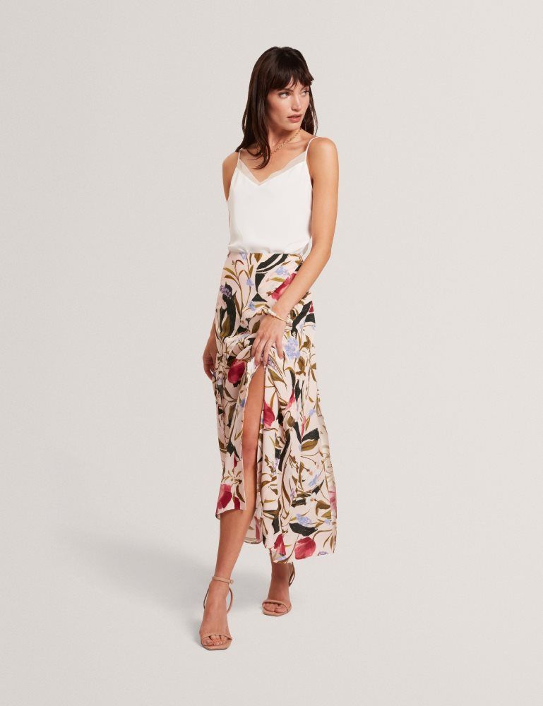 Fuste Dama Ted Baker Candici - Floral Print Frill Trim Midi Skirt With Split Roz | 354078-LBE