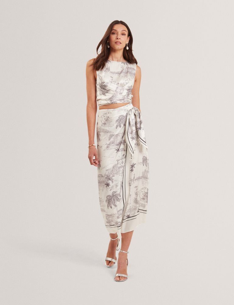 Fuste Dama Ted Baker Melva - Printed Tie Detail Wrap Midi Skirt Albi | 375164-SKA