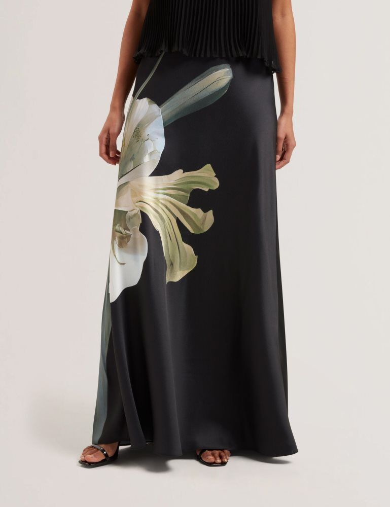 Fuste Dama Ted Baker Zionna - Floral Print Detail Satin Maxi Skirt Negrii | 157342-KIP