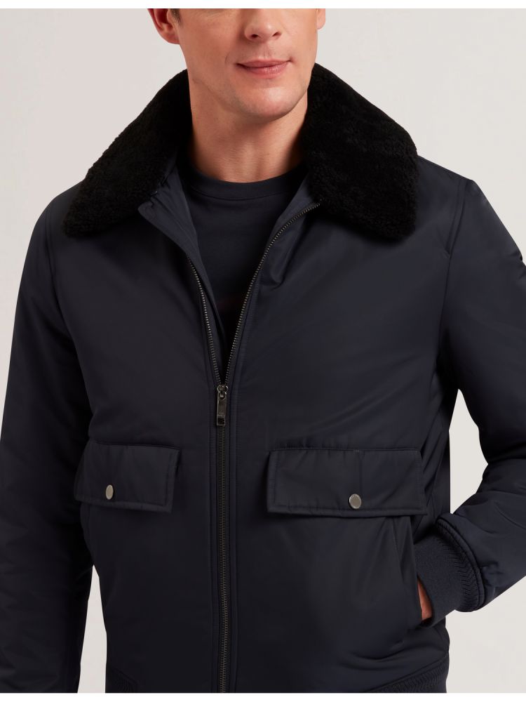 Geaca Barbati Ted Baker Avitore - Zip Bomber Jacket With Removable Collar Bleumarin | 167394-NRK