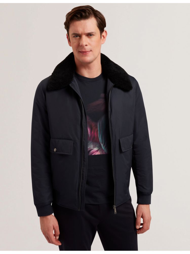 Geaca Barbati Ted Baker Avitore - Zip Bomber Jacket With Removable Collar Bleumarin | 167394-NRK