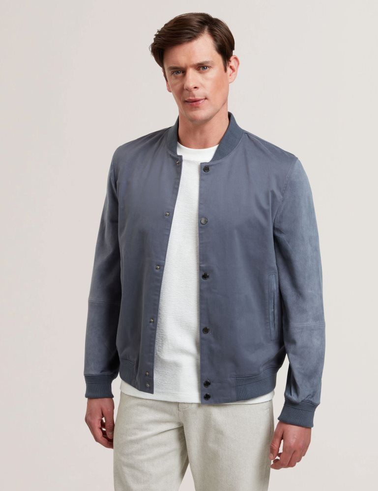 Geaca Barbati Ted Baker Liams - Cotton Twill & Suede Bomber Jacket Albastri | 421869-BZI