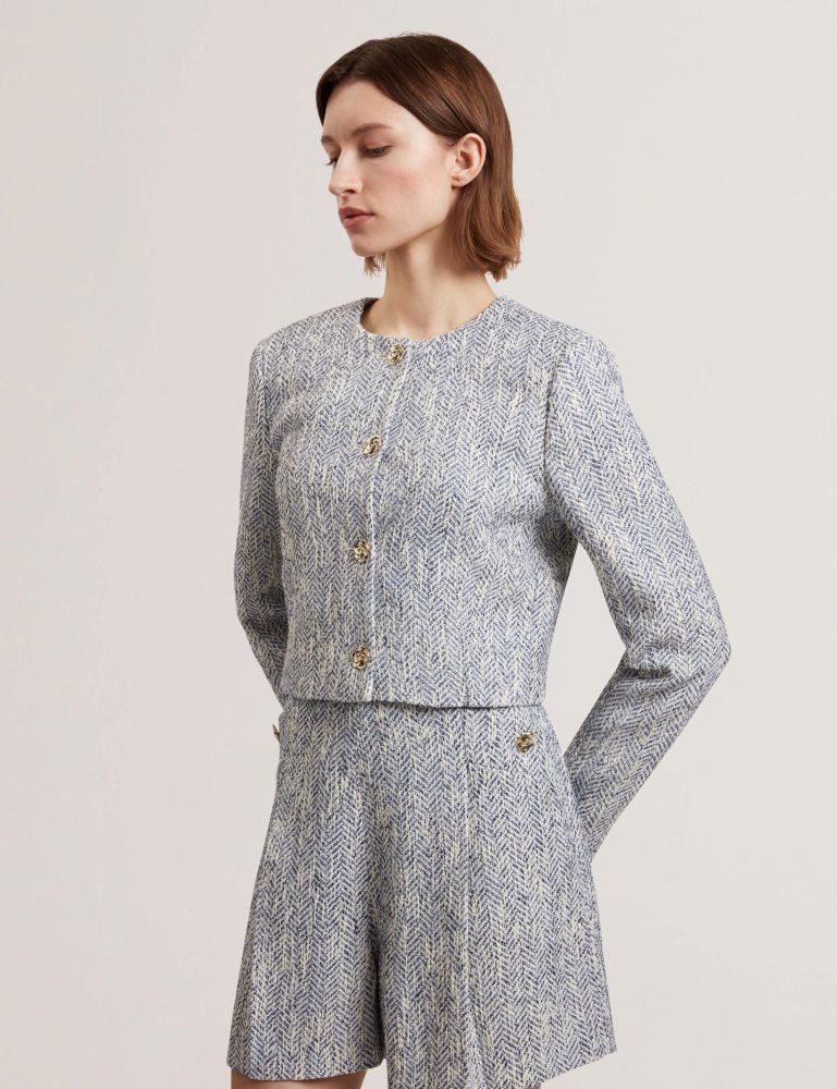 Geaca Dama Ted Baker Vulpa - Boucle Button-up Cropped Tailored Jacket Albastri | 547608-KEZ