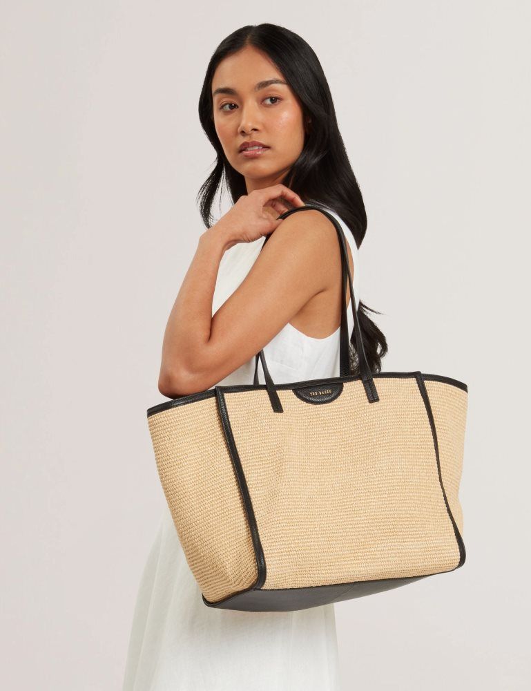 Geanta Tote Dama Ted Baker Barni - Faux Raffia Leather Trim Large Shopper Bag Negrii | 273056-MPW