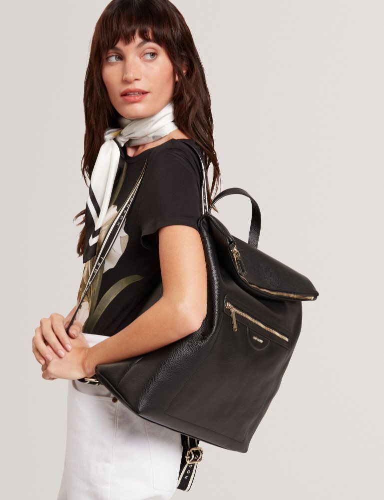 Geanta Tote Dama Ted Baker Essaya - Leather Webbing Strap Fold Over Backpack Negrii | 271685-WDH