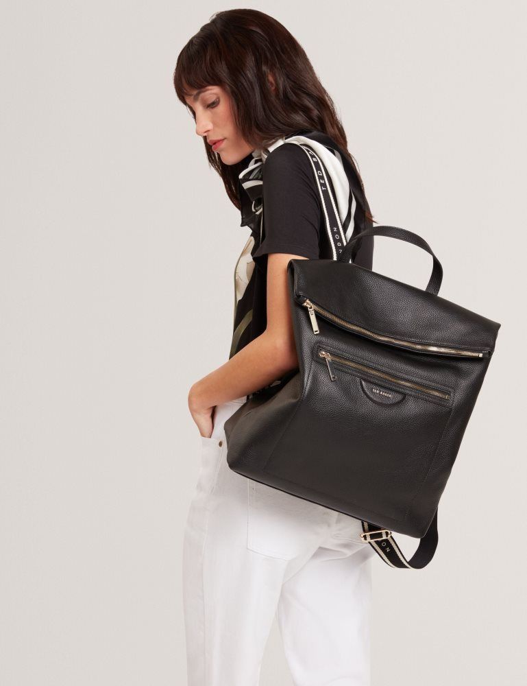 Geanta Tote Dama Ted Baker Essaya - Leather Webbing Strap Fold Over Backpack Negrii | 271685-WDH