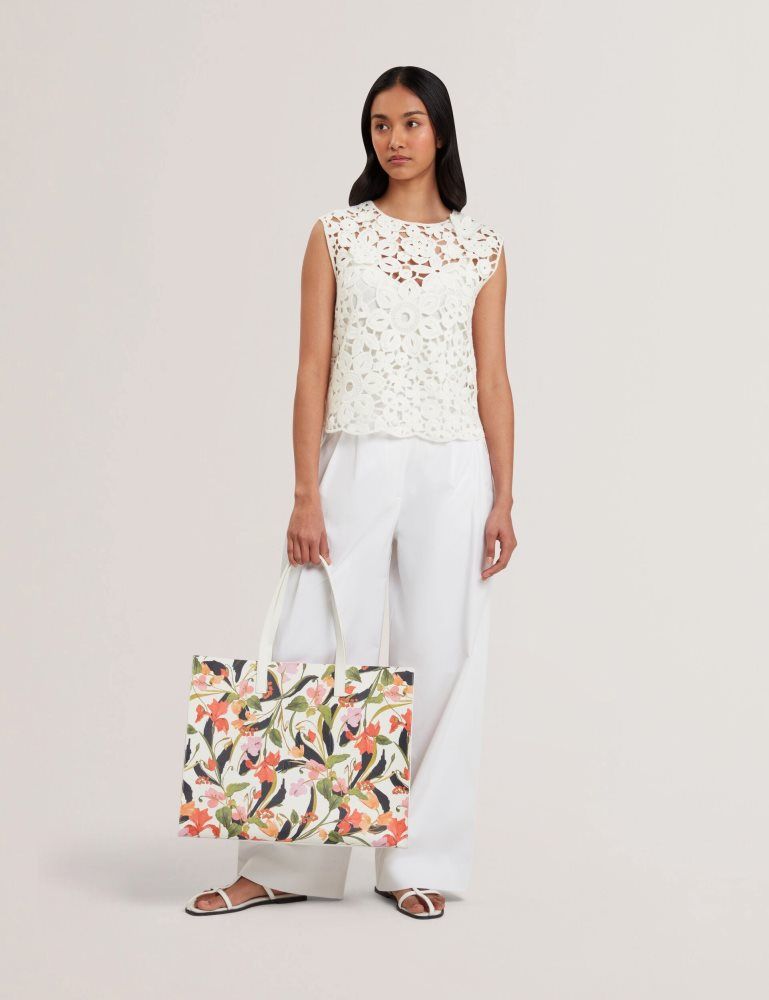 Geanta Tote Dama Ted Baker Florish - Floral Print Pu Leather Wide Icon Tote Bag Albi | 354726-XRB