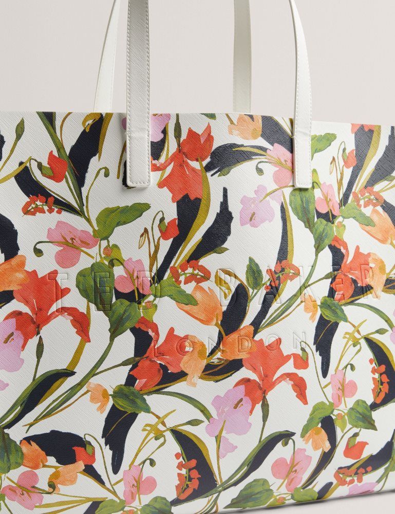 Geanta Tote Dama Ted Baker Florish - Floral Print Pu Leather Wide Icon Tote Bag Albi | 354726-XRB