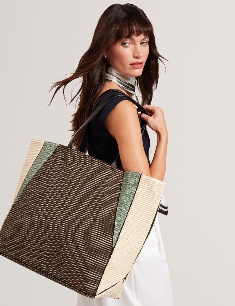Geanta Tote Dama Ted Baker Rafiya - Woven Colour Block Folding Shopper Bag Negrii | 697302-SQK