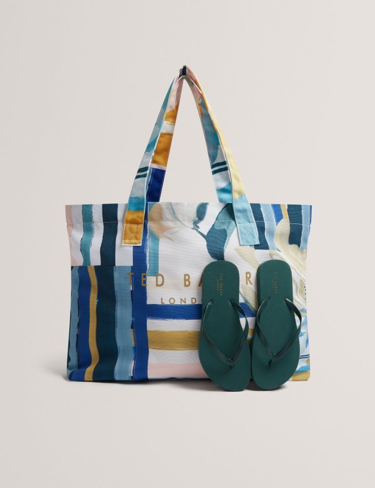 Geanta Tote Dama Ted Baker Shelyss - Printed Beach Bag & Flip Flops Set Verzi | 106478-KPG