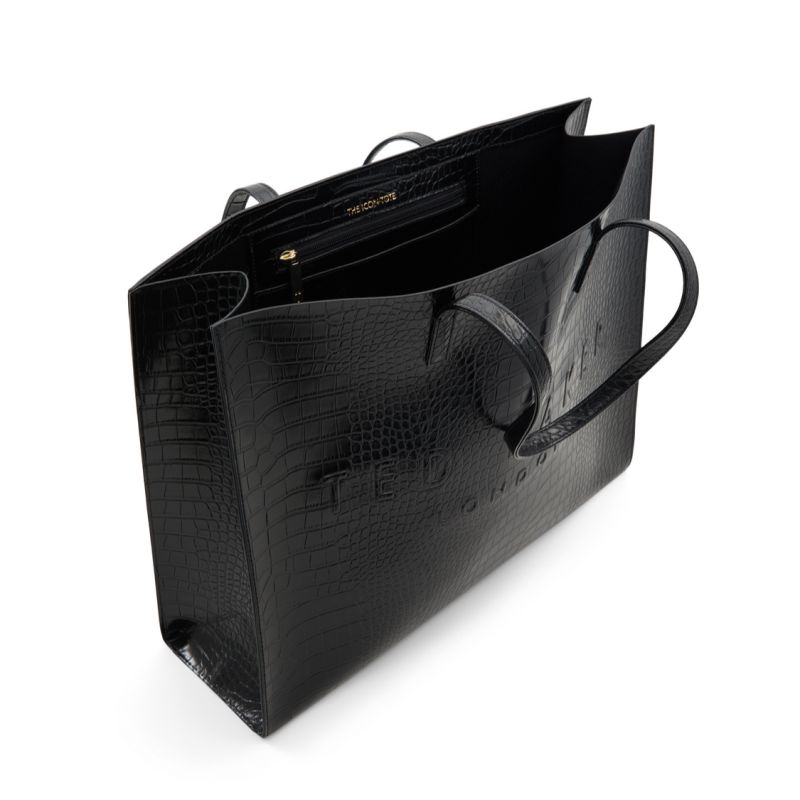 Geanta Tote Dama Ted Baker Sukicon - Croc Faux Leather Wide Icon Tote Bag Negrii Albi | 743509-FPL