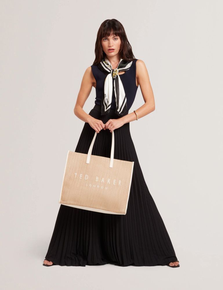 Genți Icon Dama Ted Baker Pallmer - Faux Raffia Pu Trim Large Icon Tote Bag Ecru | 859371-CIJ