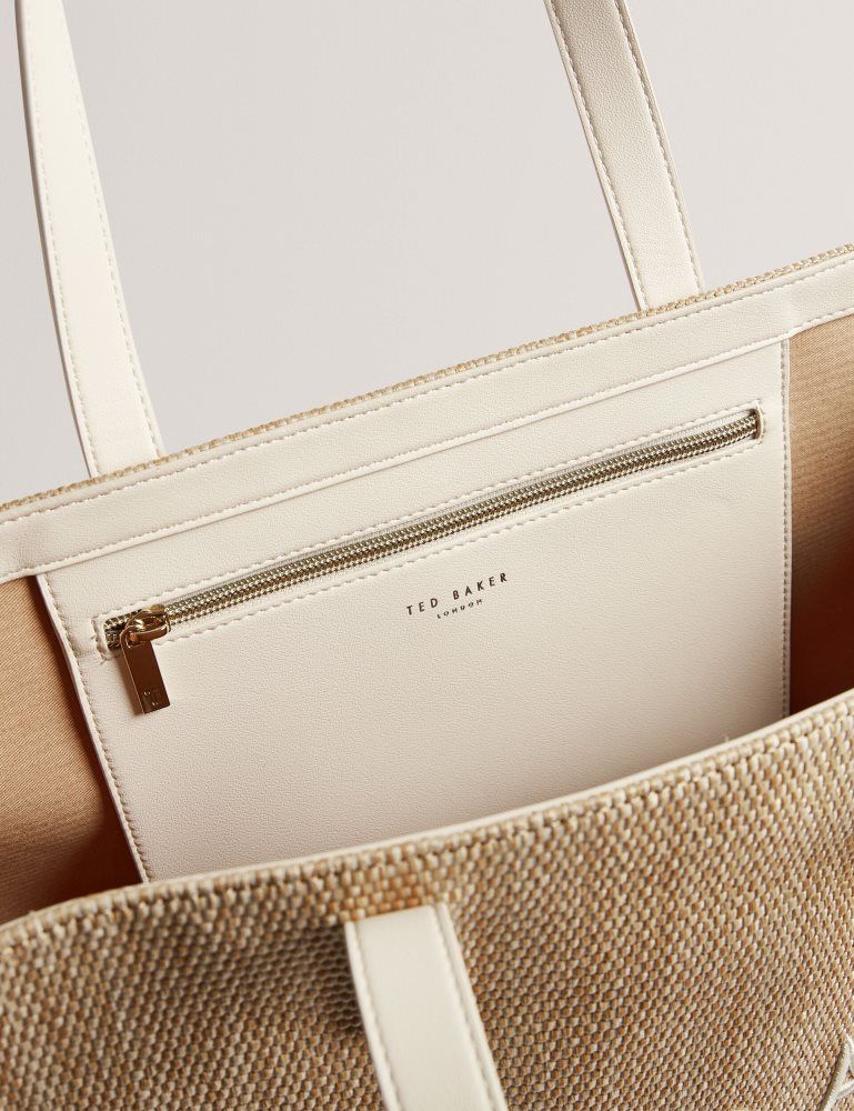 Genți Icon Dama Ted Baker Pallmer - Faux Raffia Pu Trim Large Icon Tote Bag Ecru | 859371-CIJ